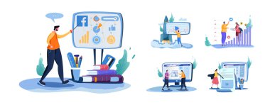 Facebook Reklamlarını Arttır, Facebook Reklamları Öğret, Alışveriş Çevrimiçi Pazarlama Düz Vektörü