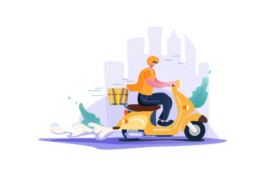 Şehrinde scooter süren bir adam, düz vektör çizimi..