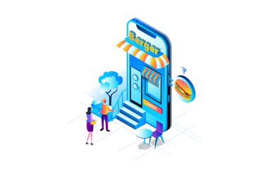 Burger Shop Çevrimiçi Isometric Düz Vektör
