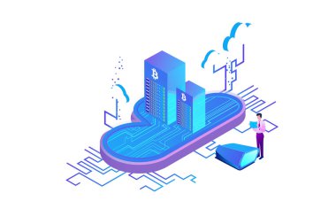 Isometric Bitcoin Bulut Servisleri Düz Vektörü