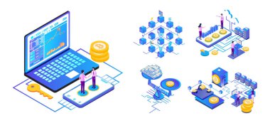 Isometric Bitcoin, Bitcoin Analizi, Bitcoin Değişim Oranı, Madencilik, İşlemler Kripto Para Birimi, Engelleme Kripto Para Birimi Yassı Vektörü