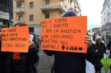 Salerno, SA, İtalya-Mart 08.2023: Uluslararası Kadınlar Günü günü, öğrenciler ve gönüllüler transfemminist bir geçit töreni için sokaklara döküldüler. Hayvanların istismarına karşı işaretler göster.