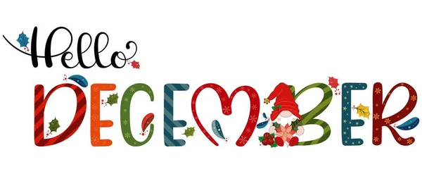 Bonjour Décembre Décembre Vacances Mois Vecteur Avec Des Fleurs Flocons — Image vectorielle
