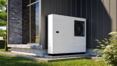 Tek kişilik bir evin duvarına yerleştirilen ısı pompası yenilenebilir enerji kaynaklarını gösteriyor..