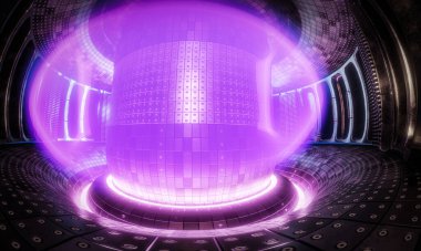 Fusion reactor. Toroidal chamber with a magnetic coil. device for carrying out a controlled thermonuclear reaction. Plasma emission around clipart