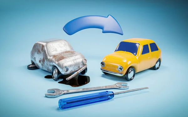 Broken car with tools beside - car service concept with toy rusty toy car - 3d illustration