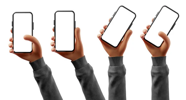 Cartoon Hands Set Uses Smartphone Blank Screen White Background Screen — Stock Photo, Image