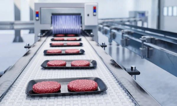 Conveyor in a factory of ready-made beef hamburger cutlets - a modern ecological bio-print meat factory - 3d illustation