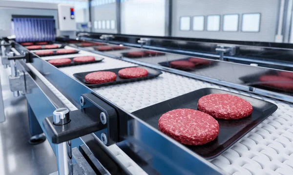 Conveyor in a factory of ready-made beef hamburger cutlets - a modern ecological bio-print meat factory - 3d illustation