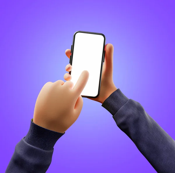 Mãos Desenhos Animados Usam Smartphone Com Tela Branco Dedo Tocando — Fotografia de Stock