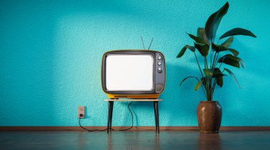 İzole edilmiş mavi duvara karşı klasik boş ekran televizyon, çömleğe yerleştirmek için ağ