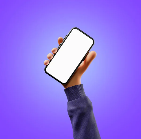卡通手使用带有空白屏幕的智能手机 带语音的高举手 3D插图 — 图库照片