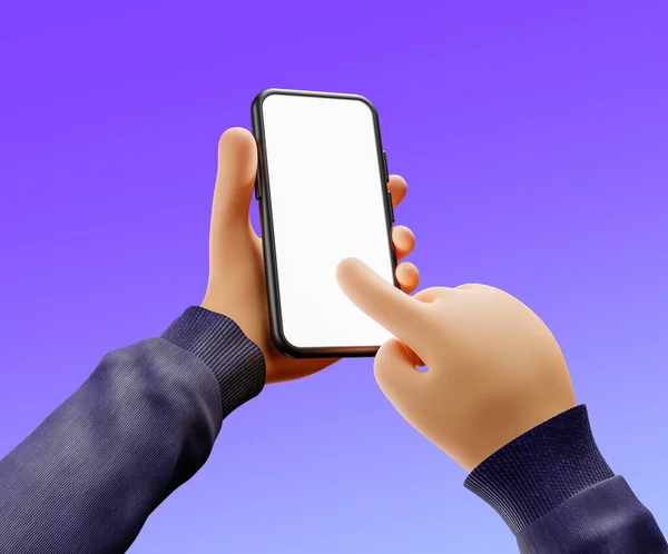 Cartoon Hands Use Smartphone Blank Screen Finger Touching Phone Screen — Stock Photo, Image