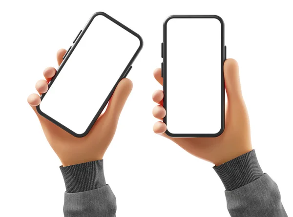 Çizgi Film Elleri Boş Ekranlı Akıllı Telefon Kullanır Beyaz Arkaplan — Stok fotoğraf