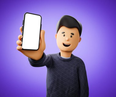 Bir çizgi filmci elinde boş ekranlı akıllı telefonu tutuyor ve gösteriyor. Uygulamanız veya diğer kullanım için bir şablon