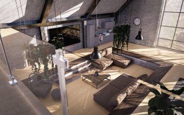 Eski ekolojik fabrika dairesi, yüksek tavanlar ve mekanlar. Asma katın balkonundan görünüm - 3D illüstrasyon