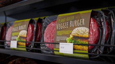 Vejetaryen burger süpürgesi bir mağazanın rafında - 3 boyutlu illüstrasyon