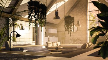 Eski ekolojik fabrika dairesi, yüksek tavanlar ve mekanlar - 3 boyutlu illüstrasyon