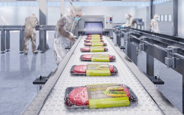 Modern ekolojik modern bir fabrika olan hazır sebzeli hamburger pirzolası fabrikasında nakliyeci.