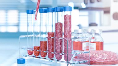 Laboratuvarda deney tüplerinde yetiştirilen sığır eti. Laboratuvardaki in-vitro et üretimi kavramı - 3D illüstrasyon