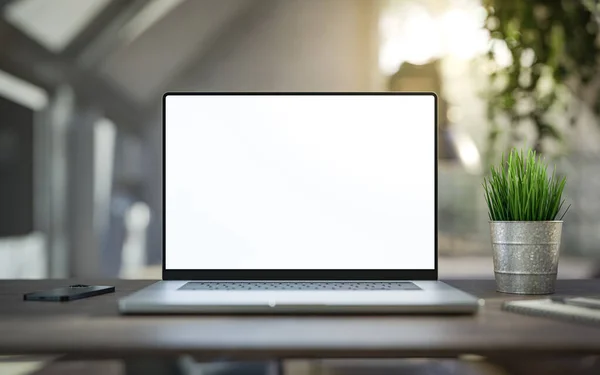 Laptop Met Blanco Frameloze Screen Mockup Sjabloon Tafel Industrieel Kantoor — Stockfoto