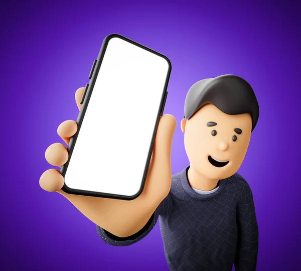 Homem Dos Desenhos Animados Segura Mostra Smartphone Com Uma Tela — Fotografia de Stock