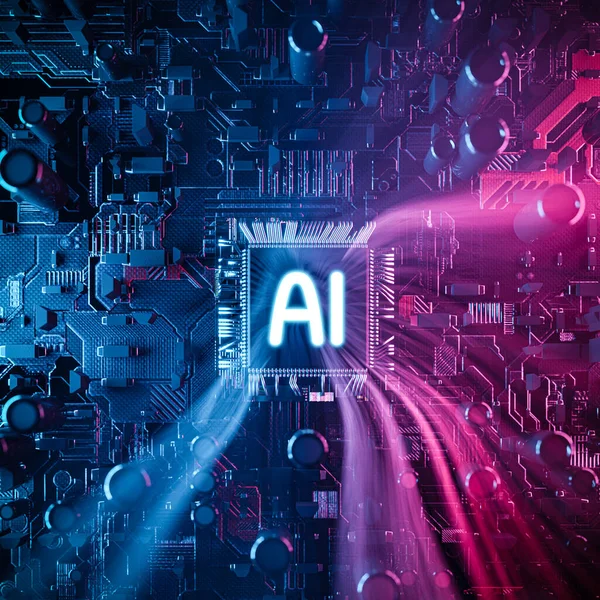 带有发光Ai霓虹灯线标识的处理器 电路板上的人工智能 计算机技术和机器自动化的前景 3D示例 — 图库照片