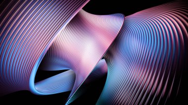 Açık pembe, koyu mavi ve turuncu tonlarda çizgiler krom cilalı yansıtıcı bir yüzey üzerinde farklı yönlerde bükülüyor - 3d illüstrasyon