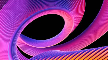 Krom cilalı yansıtıcı yüzeyde mor, mavi ve turuncu tonlarda farklı yönlerde kıvrılmış çizgiler - 3 boyutlu illüstrasyon