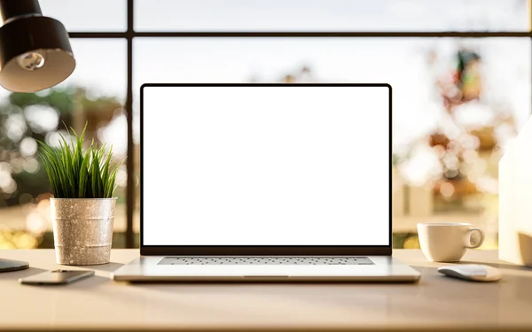 Laptop Dengan Templat Mockup Layar Tanpa Bingkai Kosong Atas Meja — Stok Foto