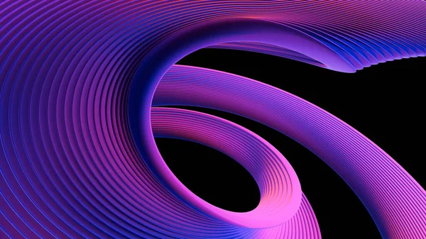 Stripes in shades of purple, blue and orange twisting in different directions on a chrome polished reflective surface - 3d illustration