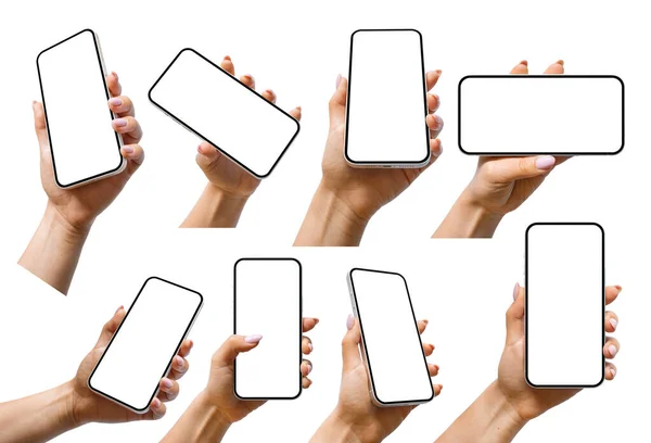 包括妇女手握通用现代智能手机的一套装置 屏幕空白 位置各异 包括透视 垂直和水平版本 — 图库照片
