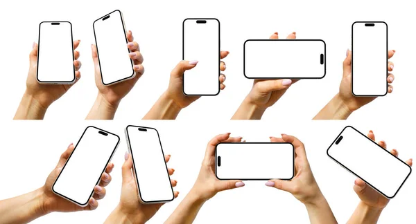 透明または白の背景にIphone Proを保持する女性の手 — ストック写真