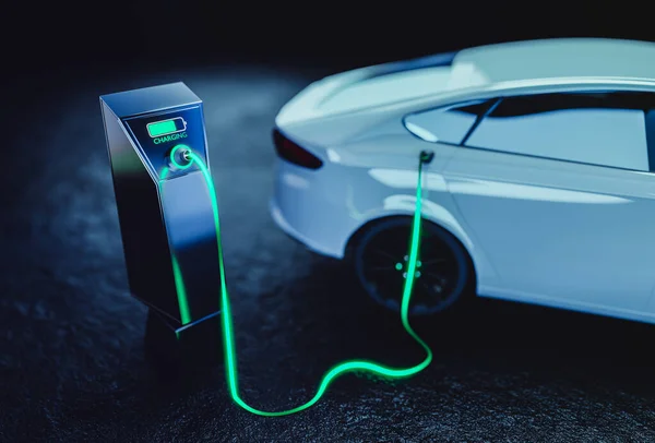 電気自動車は 充電器から車のバッテリーへの電気の流れを象徴する光の効果を持つ未来的なイメージ 黒の背景に隔離されて充電しています — ストック写真