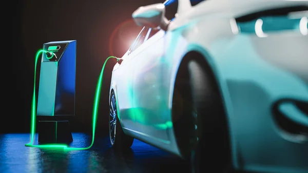 Elektrische Auto Laadt Geïsoleerd Een Zwarte Achtergrond Een Futuristisch Beeld — Stockfoto