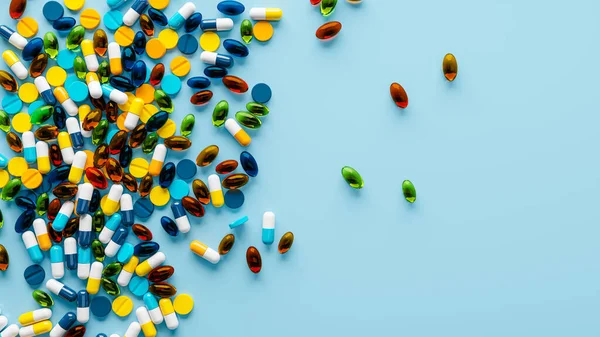 Colorful Pills Scattered Blue Surface Template Free Space Your Content — Stock Photo, Image
