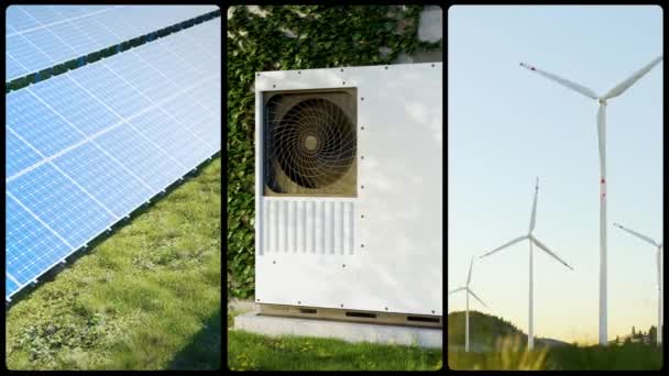 Umweltfreundliche Moderne Geräte Photovoltaik Module Solarpark Wärmepumpe Und Windkraft Form — Stockvideo
