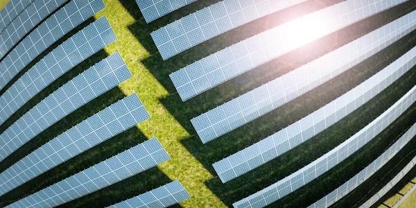 Solar Gård Solceller Paneler Vacker Grön Äng Med Vindkraftverk Bakgrunden — Stockfoto