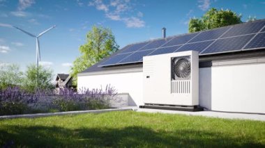 Çimen kaplı yeşil çatı ve tek kişilik bir evin çatısında fotovoltaik paneller olan bir ısı pompası. Mülk için ekolojik bir ısıtma ve klima kaynağı.