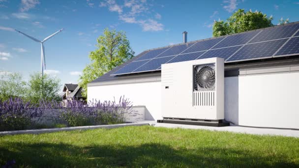 绿色屋顶 有草坪覆盖 安装了热泵 屋顶上有光电面板 物业供热及空调的生态来源 — 图库视频影像