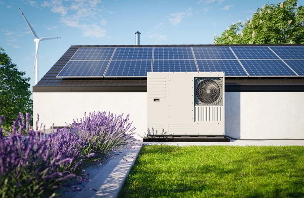 A heat pump with photovoltaic panels installed on the roof of a single-family house, along with a green roof covered in grass over the garage, forms an eco-friendly heating and air conditioning solution for the property