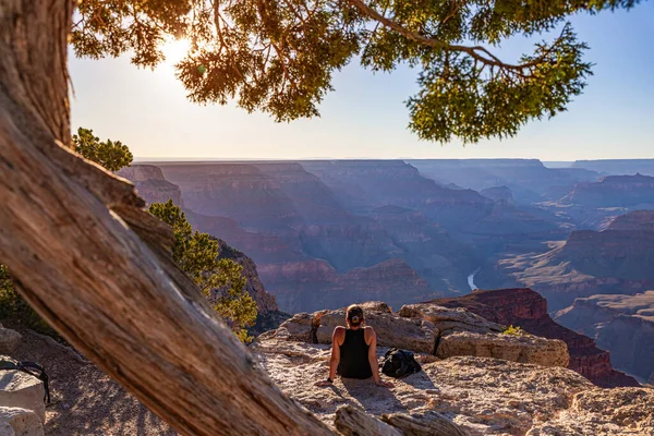 Das Mädchen Entspannt Sich Bei Sonnenuntergang Über Dem Grand Canyon Stockbild