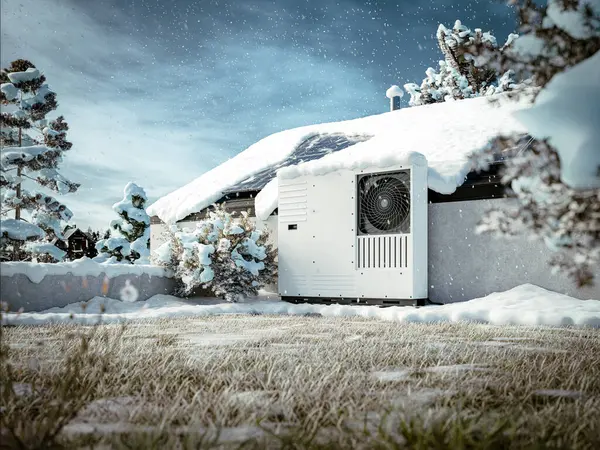 stock image A heat pump with photovoltaic panels installed on the roof of a single-family house, an eco-friendly heating solution for the property during winter.