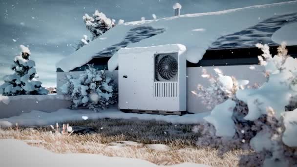 Αντλία Θερμότητας Ενάντια Ένα Σπίτι Καλυμμένο Χιόνι Ένα Βίντεο Βιτρίνα — Αρχείο Βίντεο
