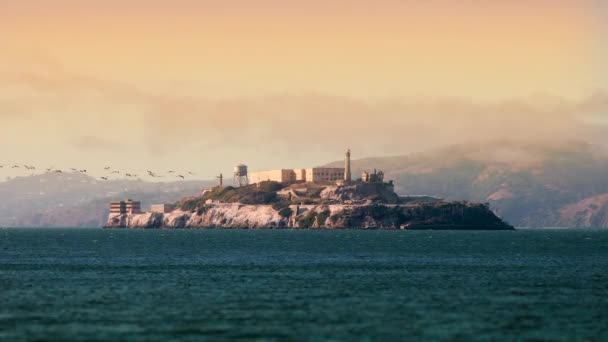 Alcatraz Gevangenis Bij Zonsondergang Met Vliegende Vogels Een Vloeiende Camerabeweging — Stockvideo