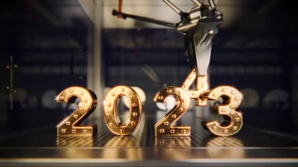 带夹钳的三轴机器人从2023年开始取下黄金数字4并推出数字3 为即将到来的2024新年制作动画 最后的76帧在剪辑被圈起来 — 图库视频影像