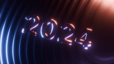 Yeni yıl arifesi 2024 'te parlak ve parıltılı bir dışbükey yazı pürüzsüz hareket eden mor-mavi-turuncu çizgilerin arka planına karşı. Sıvı kamera hareketi ve yazıt üzerinde yakın çekim