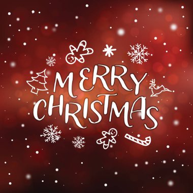 Düşen kar, Noel ağacı sembolleri, bayram kurabiyeleri, ren geyiği ve tatlı içeren el yapımı vektör yazması kutlu olsun. Neşeli arkaplan