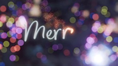 Mutlu noeller, el yazması yazması sihirli bir efekt ve dağınık bir parıltıyla ortaya çıkıyor. Festive bokeh animasyon arkaplanı.