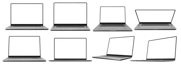 Комплект Ноутбуков Пустым Экраном Различных Конфигурациях Разные Углы Перспективы Настройки — стоковое фото